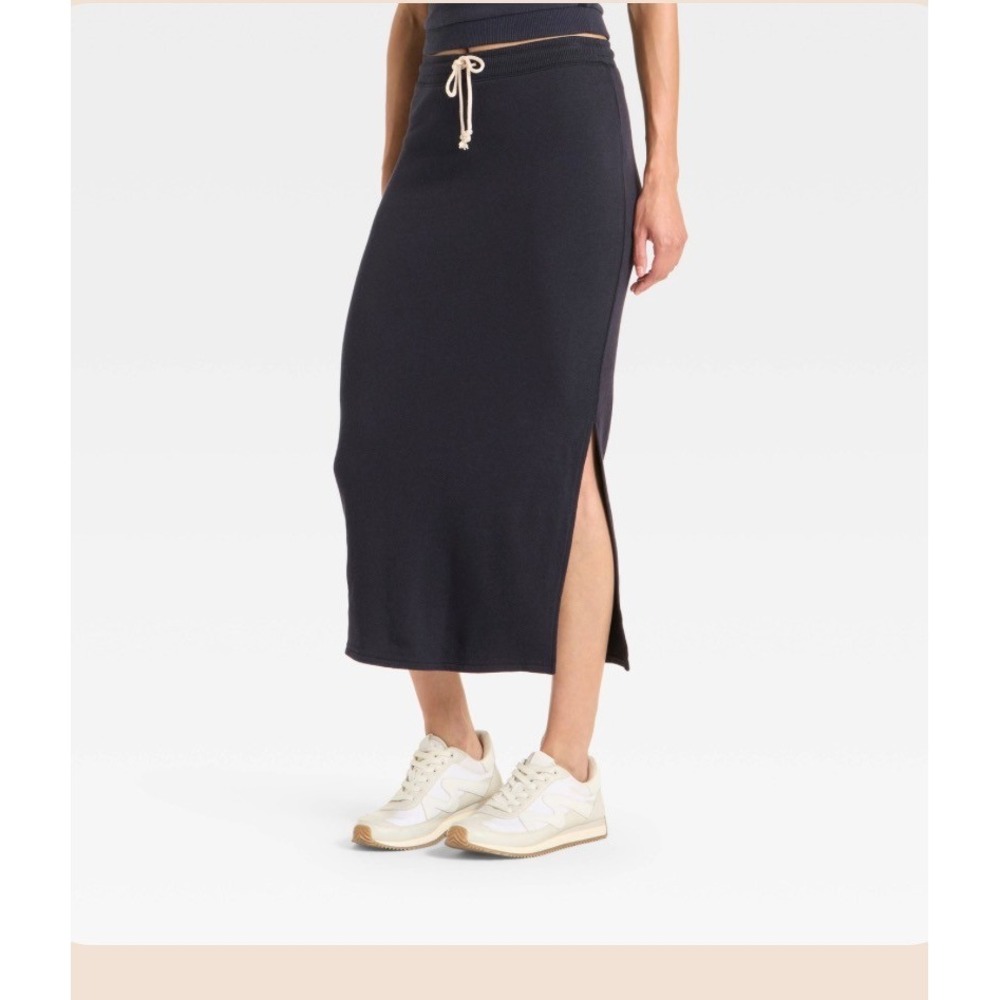 Universal Thread Navy Blue French Terry Midi Skirt Drawstring Slit Large NWT